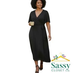 Lauren Ralph Lauren Black Midi Dress Faux Wrap V Neck Sheer Sleeve Lined 16 EUC